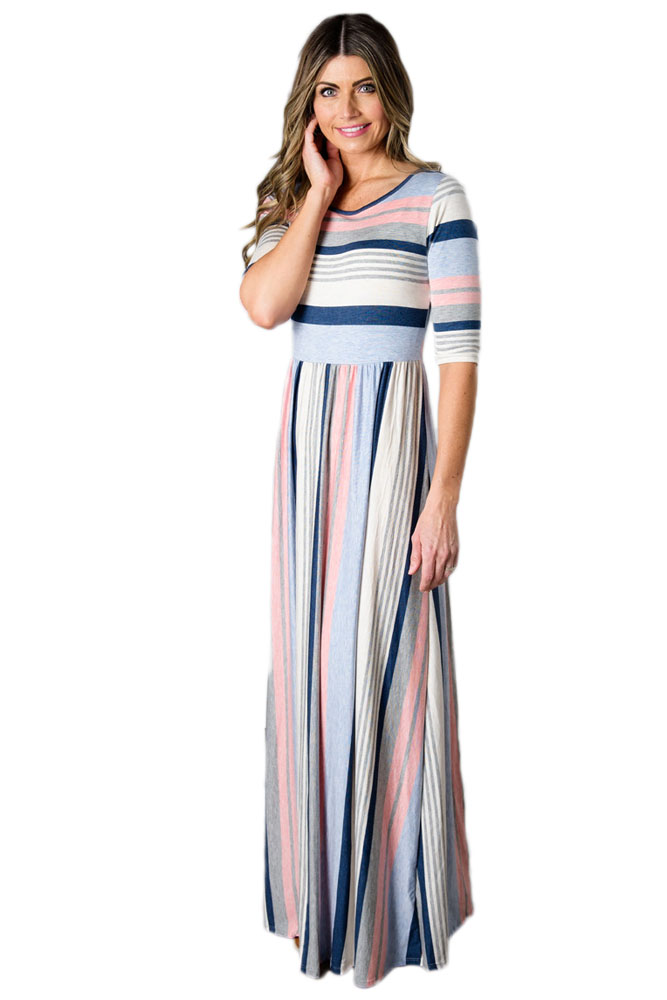 BY61660-1 Light Multicolor Striped Half Sleeve Casual Maxi Dress